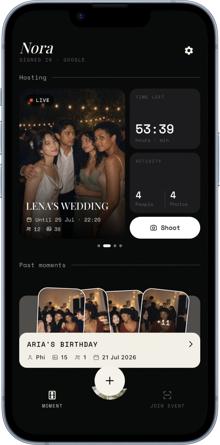 Nora home screen with a live wedding moment and past rolls